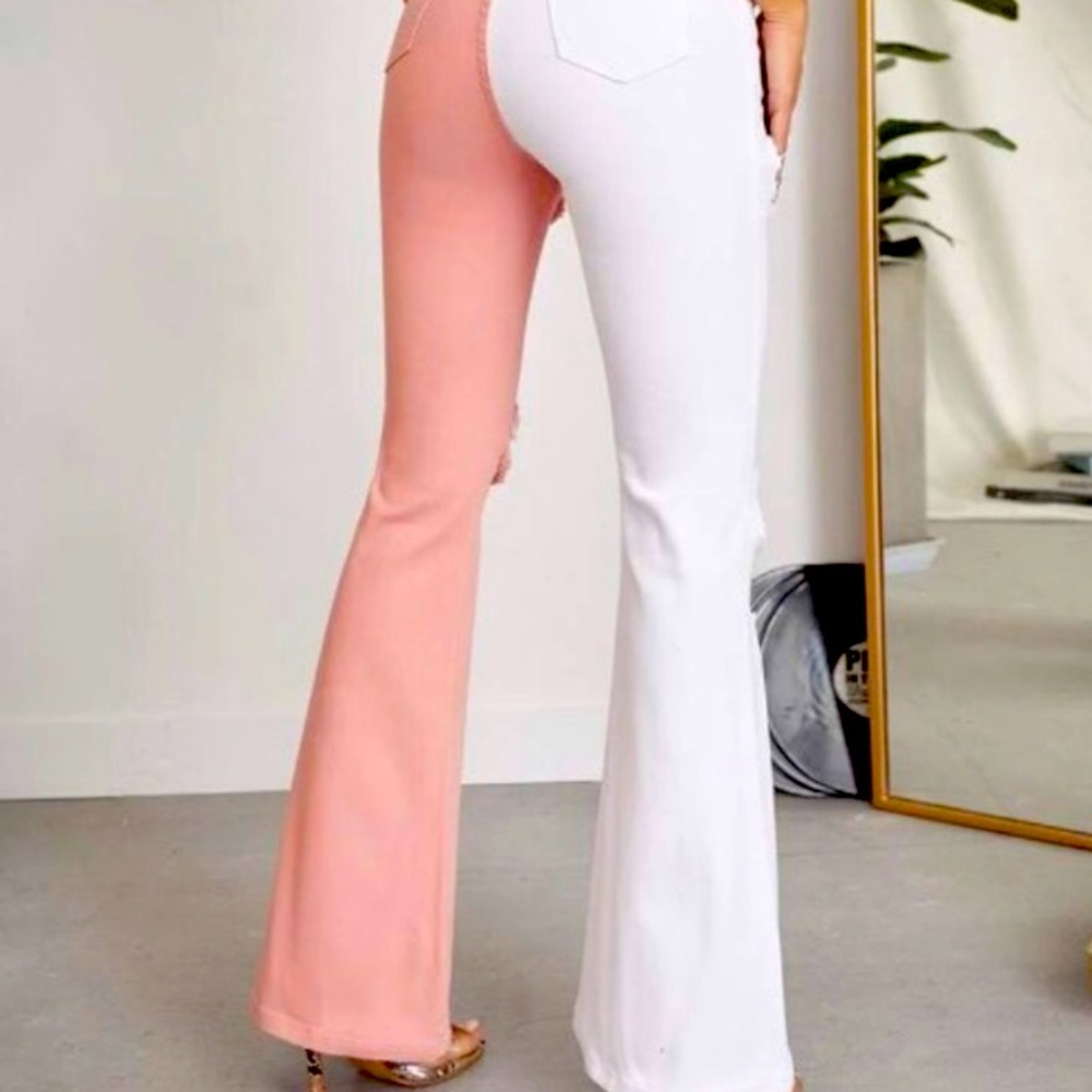Pink and white flared pants